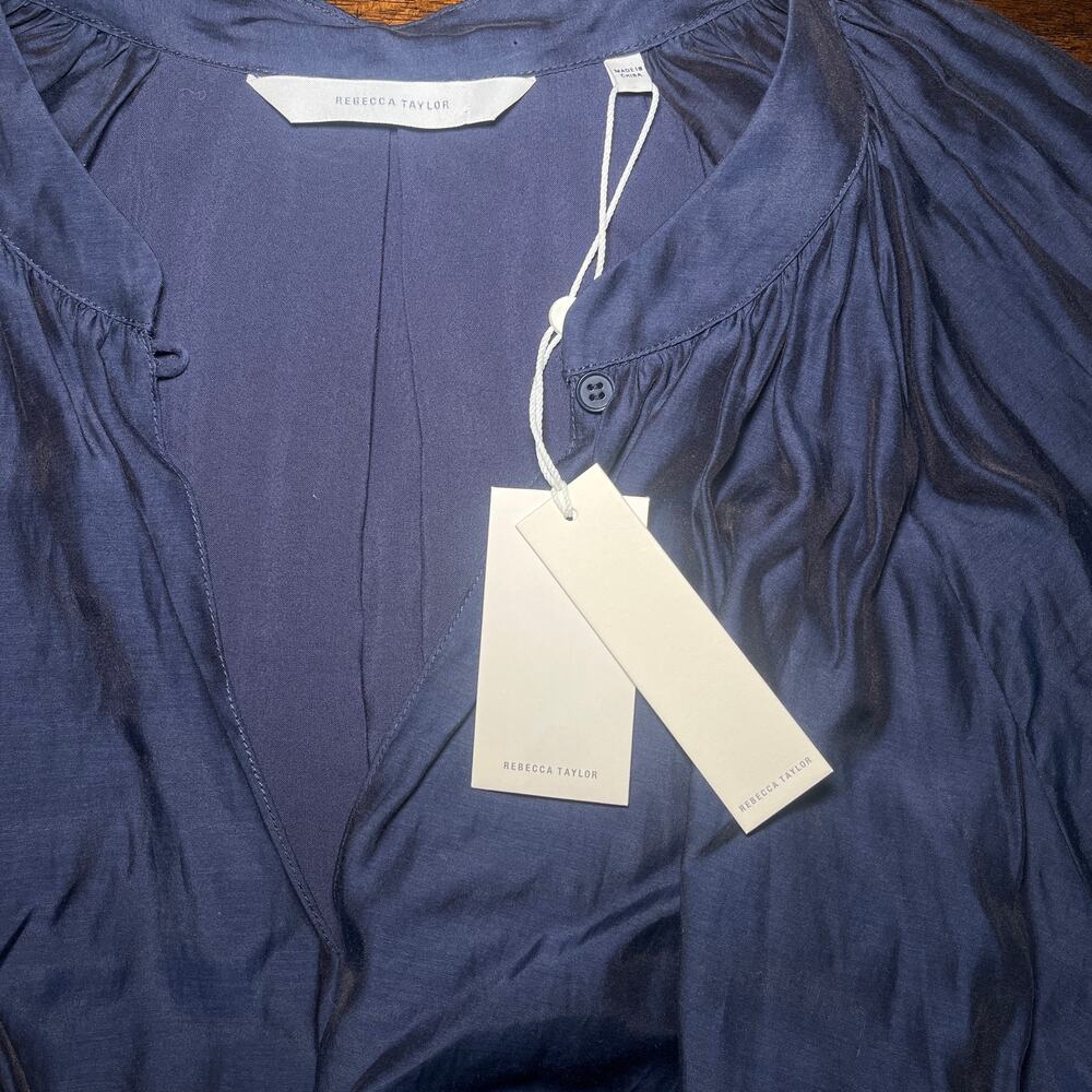 Rebecca Taylor Mini Dress Long Sleeve Silk Cotton Marine Blue Navy Size XL - Picture 7 of 13